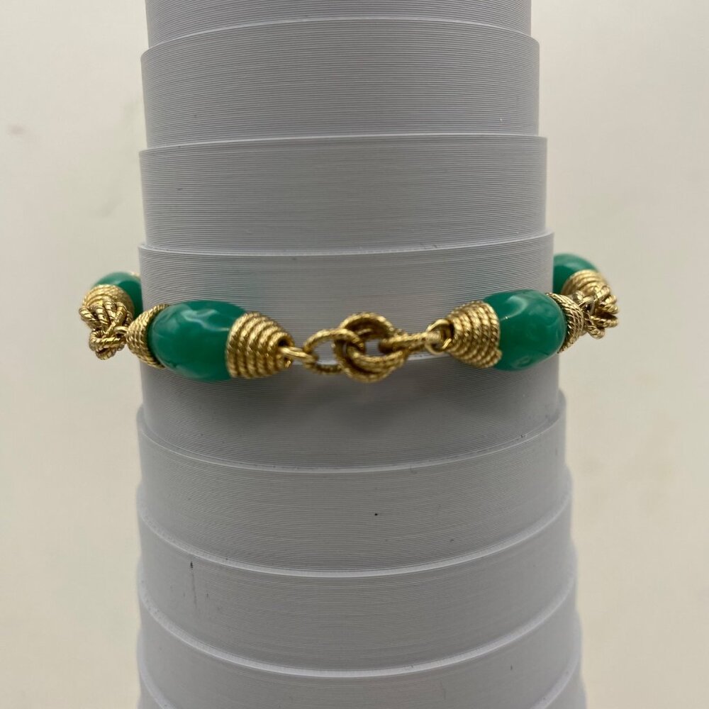 Vintage Bracelet Gold Wire Wrapped Green Glass Bead Knot Accent Lobster Clasp - Picture 9 of 9